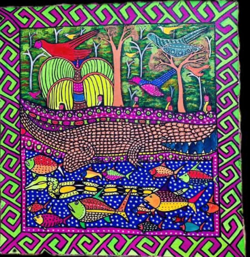 Tecido pintado: jacaré, cardume de peixes, árvores e pássaros, com borda de kene